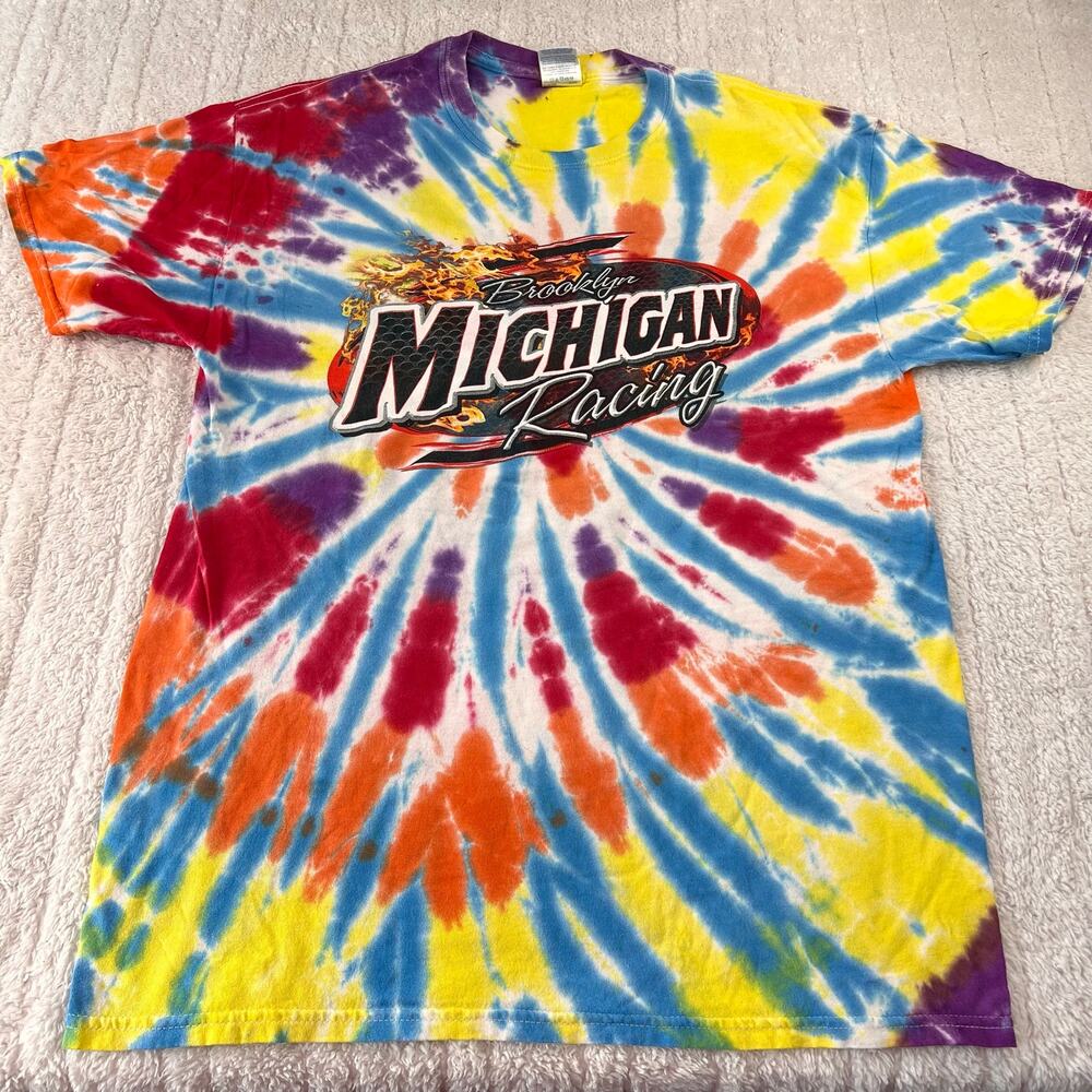 Brooklyn Michigan Racing Tie dye T-shirt Men's size Large Gildan Tag